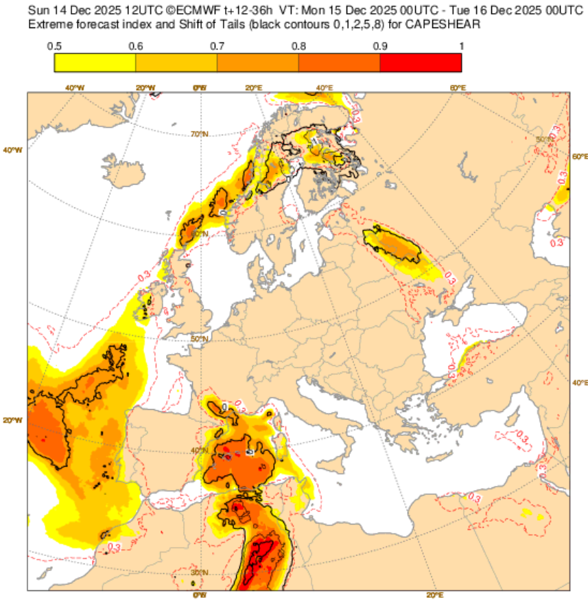 Índice de extremos CAPE + Shear - previsão do ECMWF