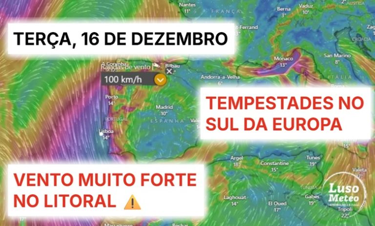 Vento até 100km/h, trovoadas e granizo no litoral - distritos de Lisboa, e mais a Sul, são mais afetados - instabilidade seguida por nova mudança - saiba a previsão do tempo na terça, 16 de dezembro de 2025