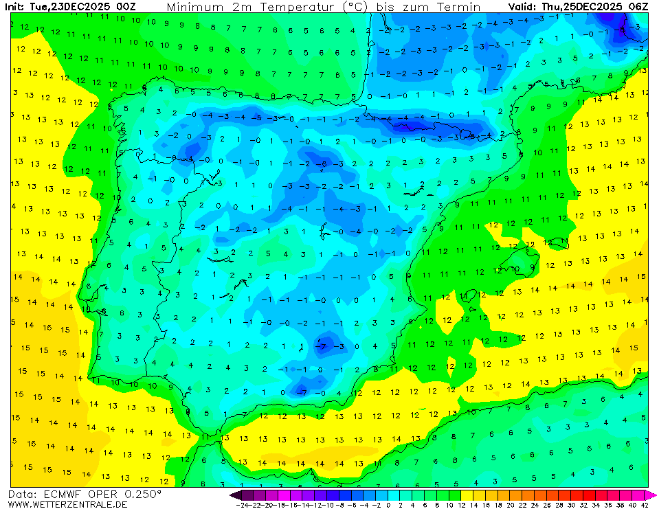 Tempo no Natal marcado por chegada de depressão "siberiana" que irá gelar o tempo - as temperaturas podem descer até 10ºC - saiba as previsões para 24 e 25 de dezembro! Muito frio na noite de Consoada - 24 para 25 - ECMWF via Wetterzentrale