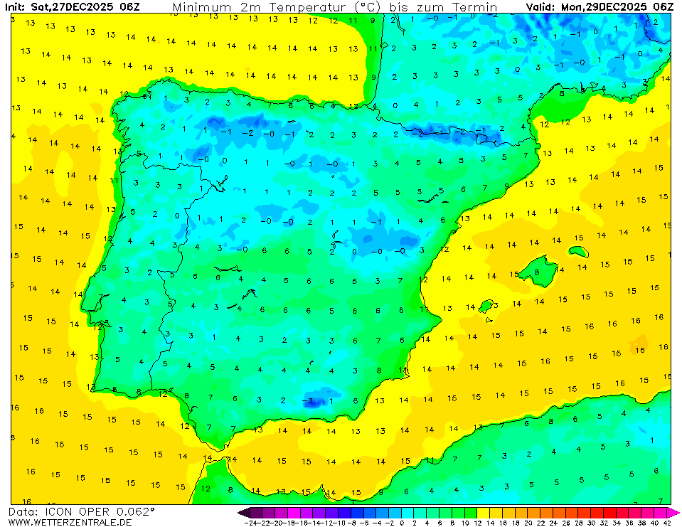 Sincelo é o fenómeno meteorológico que irá marcar o fim do ano - previsão do tempo na segunda e terça, dias 29 e 30 de dezembro Temperaturas mínimas previstas na segunda, segundo o modelo ICON-EU. De notar que podem ser localmente mais baixas