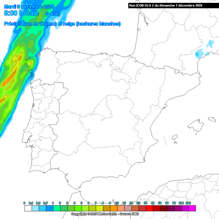 Mau tempo na terça-feira, com uma frente de forte atividade associada a um ciclone - chuva de Norte a Sul e vento - saiba como estará na sua região no dia 9 de dezembro! Evolução de uma frente ao longo do dia de terça-feira segundo a previsão ICON-EU