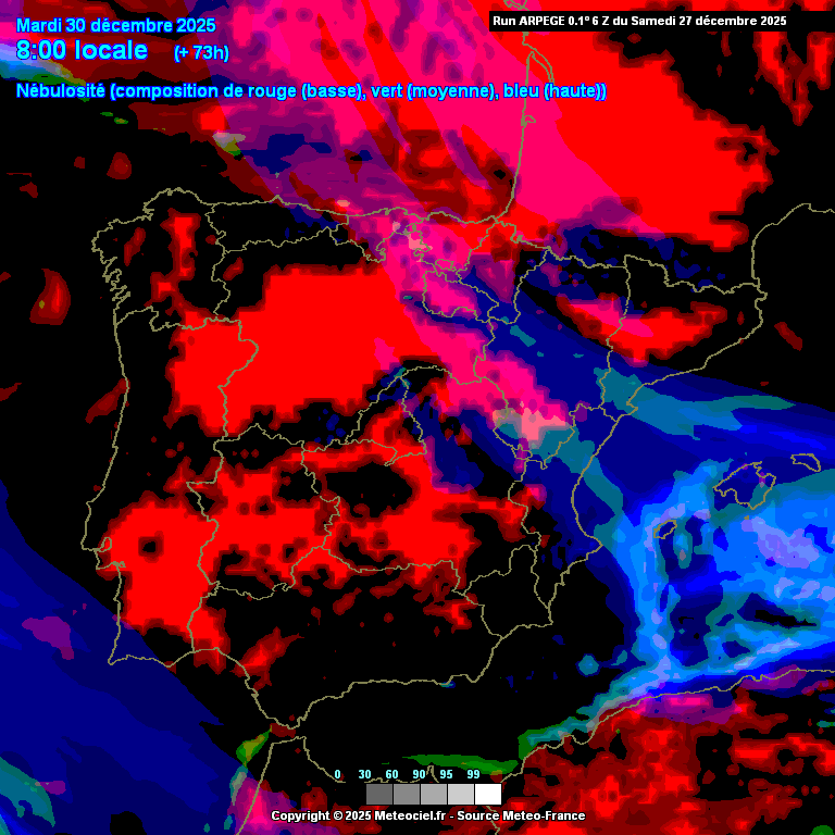 Sincelo é o fenómeno meteorológico que irá marcar o fim do ano - previsão do tempo na segunda e terça, dias 29 e 30 de dezembro Nuvens baixas (a vermelho) na previsão ARPEGE para esta terça, 30 de dezembro - sincelo nas zonas mais frias!