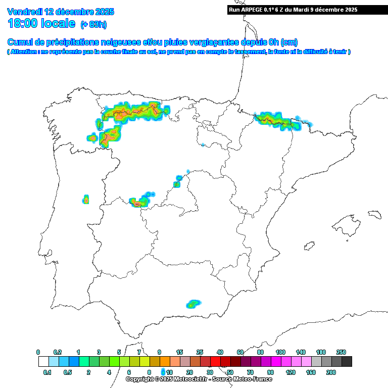 Acumulação de neve segundo o modelo meteorológico ARPEGE até ao final da tarde de sexta-feira