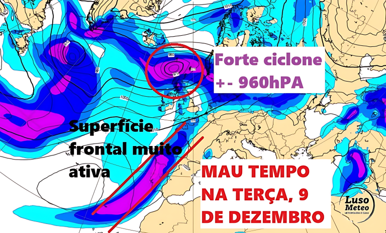 Mau tempo na terça-feira, com uma frente de forte atividade associada a um ciclone – chuva de Norte a Sul e vento – saiba como estará na sua região no dia 9 de dezembro! Mau tempo na terça-feira, com uma frente de forte atividade associada a um ciclone - chuva de Norte a Sul e vento - saiba como estará na sua região no dia 9 de dezembro!