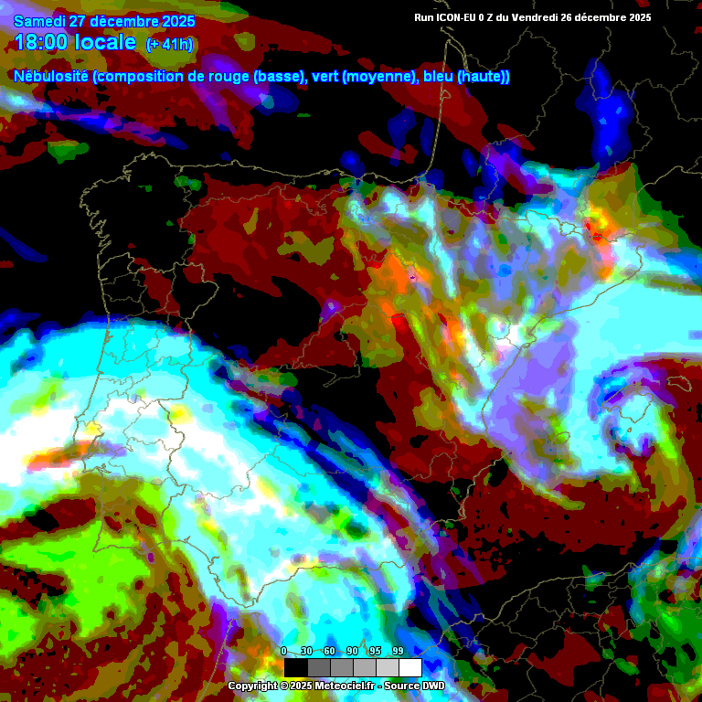 O centro da depressão a Sudoeste de Lisboa traz nuvens e chuva ao Centro e Sul - mais sol a Norte (simulação ICON-EU)