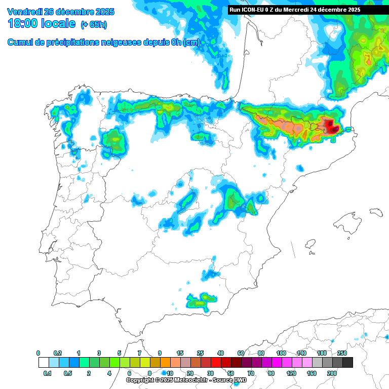 Bolsa de frio polar, e temperaturas até 5ºC negativos - mas pode chegar chuva a algumas regiões - a neve surpreenderá como em 2009? Saiba a previsão do tempo na sexta, 26 de dezembro 2025 Neve total acumulada até final do dia 26 de dezembro - modelo ICON-EU