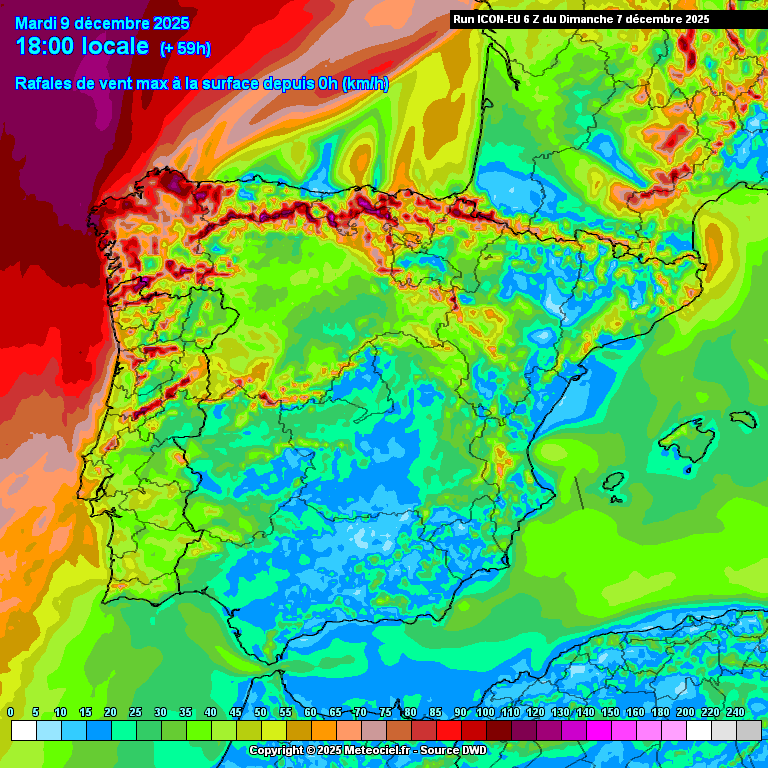 Mau tempo na terça-feira, com uma frente de forte atividade associada a um ciclone - chuva de Norte a Sul e vento - saiba como estará na sua região no dia 9 de dezembro! Rajadas perto de 100km/h segundo o modelo ICON-EU para esta terça-feira...