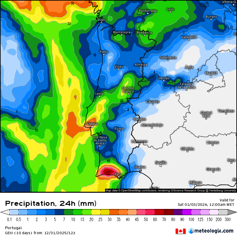 Precipitação prevista pelo modelo canadiano GEM para sexta - valores de precipitação total prevista ainda imprevisíveis, no entanto