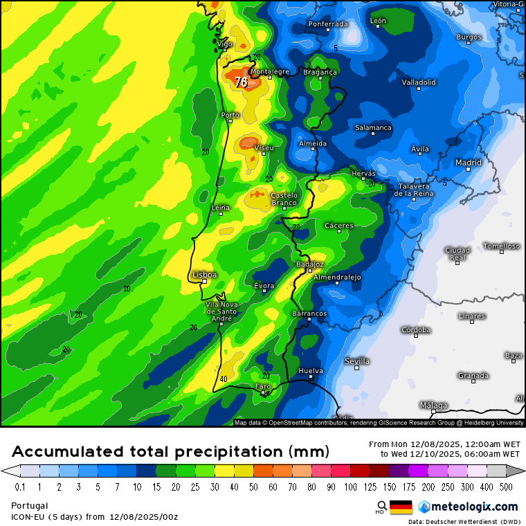 Tempestade traz vento acima de 100km/h a Portugal entre segunda e terça-feira - Depressão "Bram"? - Saiba a previsão para a sua região, e a evolução para o Norte da Europa Precipitação total acumulada prevista pelo modelo ICON-EU até ao início do dia de quarta-feira - frente bastante ativa, sem dúvida!