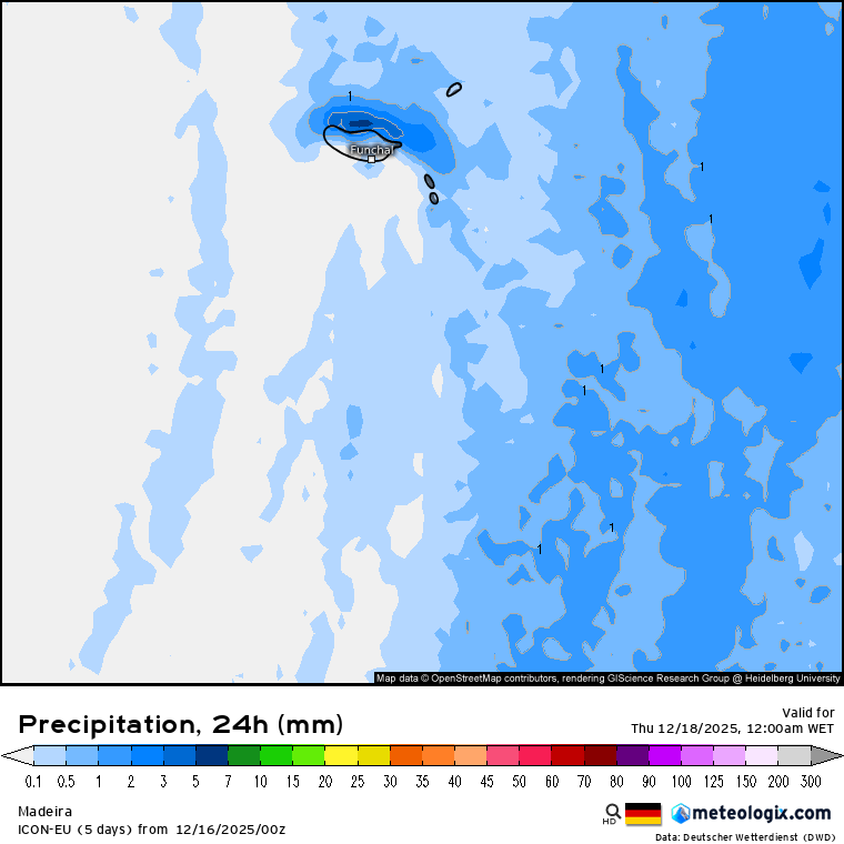 Mudança de tempo na quarta-feira, temporariamente - crista anticiclónica sobre o golfo da Biscaia - saiba a previsão para 17 de dezembro Precipitação nas encostas Norte e regiões montanhosas da Madeira nesta quarta-feira