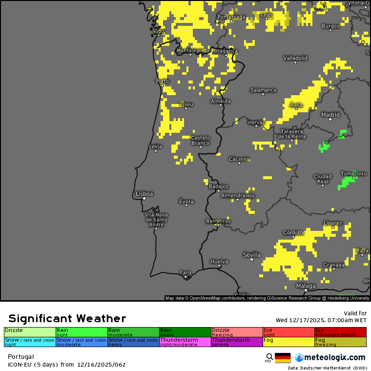 Mudança de tempo na quarta-feira, temporariamente - crista anticiclónica sobre o golfo da Biscaia - saiba a previsão para 17 de dezembro Neblina ou nevoeiro matinal, assinalados na previsão ICON, a amarelo