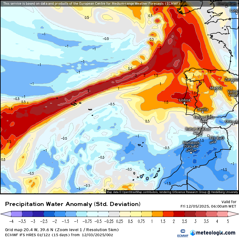 Adeus frio! Subida das temperaturas nos próximos dias, com muita humidade do Atlântico - saiba como estará o tempo na quinta e sexta - 4 e 5 de dezembro As imagens de desvio (anomalia) de água precipitável mostram-nos bem o fluxo húmido de Sudoeste sobre os Açores