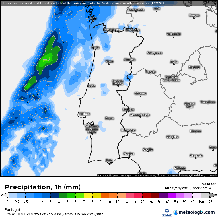 Segundo o ECMWF a chuva regressa a Portugal após curta "ausência" pelas 16-17H na quinta-feira