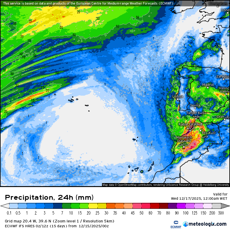 Precipitação total prevista nesta terça-feira - ECMWF
