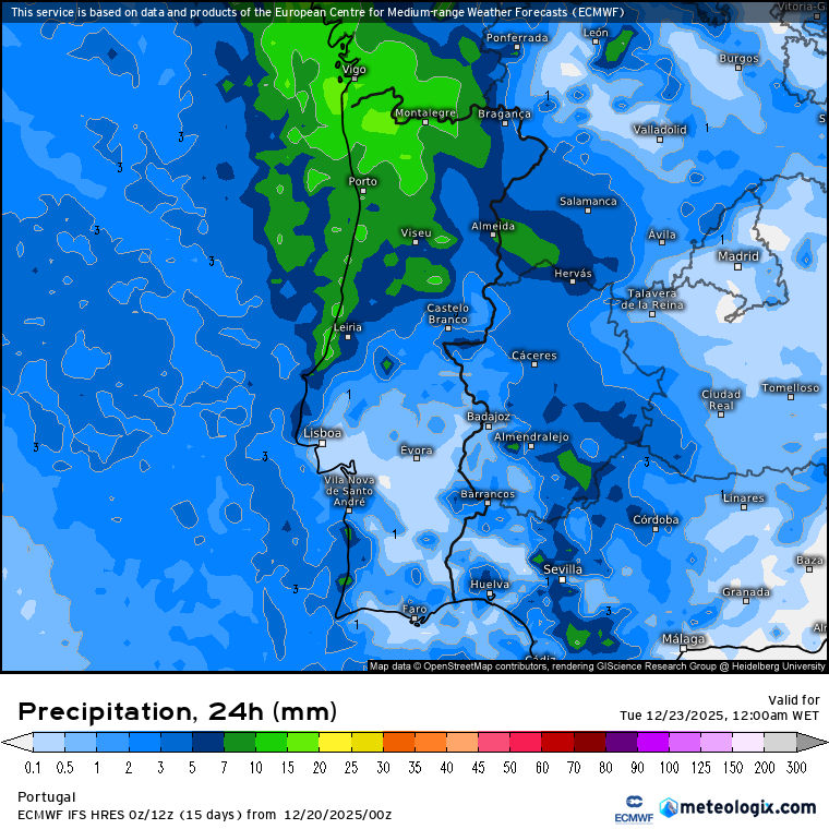 Depressões retrógradas a caminho - e a chuva não pára - previsão do tempo na segunda, 22 de dezembro 2025 Precipitação total prevista para esta segunda-feira, 22 de dezembro