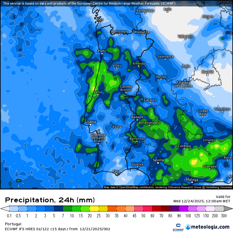 Precipitação prevista na terça, 23 de dezembro - ECMWF