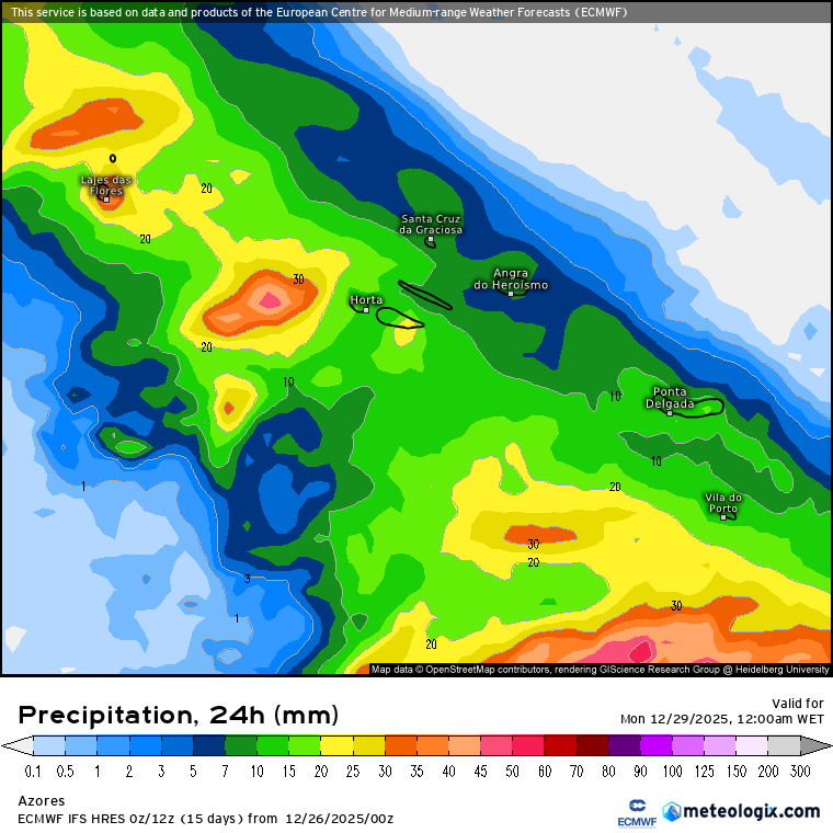 Precipitação total prevista nos Açores neste domingo - IFS\ECMWF
