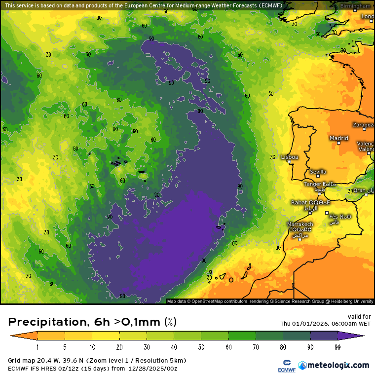 Depressão complexa traz chuva e vento forte no início do ano - bloqueio quebrado? - previsão do tempo esta semana, 29 de dezembro a 4 de janeiro de 2026 Probabilidade de precipitação na passagem de ano - entre as 00H e as 06H de dia 1 - sem chuva no Continente, Madeira com chuva, Açores? Vamos ver!