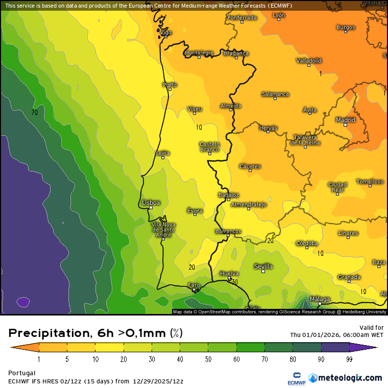 Depressão Francis - Tempo na passagem de ano e Ano Novo em Portugal - Frio, e chuva em algumas regiões - saiba as previsões completas para 31 dezembro e 1 de janeiro Probabilidade de precipitação entre as 00 e as 06H de quinta, 1 de janeiro de 2025