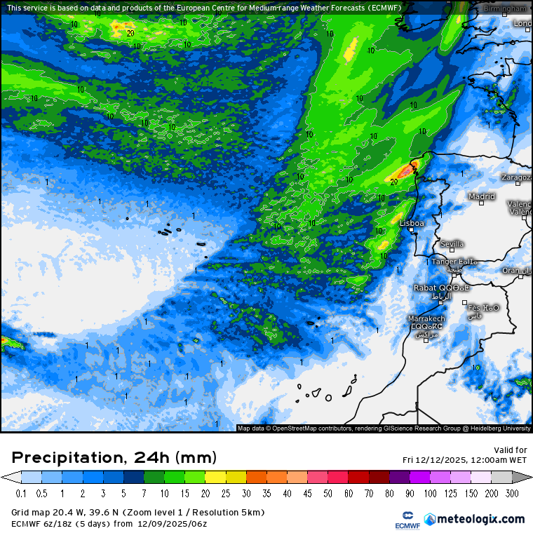 Precipitação total acumulada na quinta-feira - ECMWF (Meteologix)
