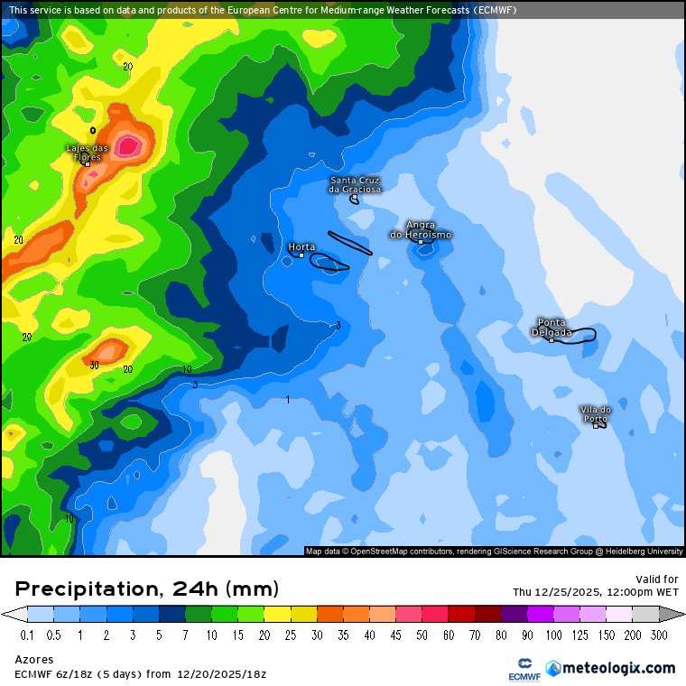 Entre dias 24 e 25 a chuva chega aos Açores - mais nas Ilhas Ocidentais - previsão ECMWF