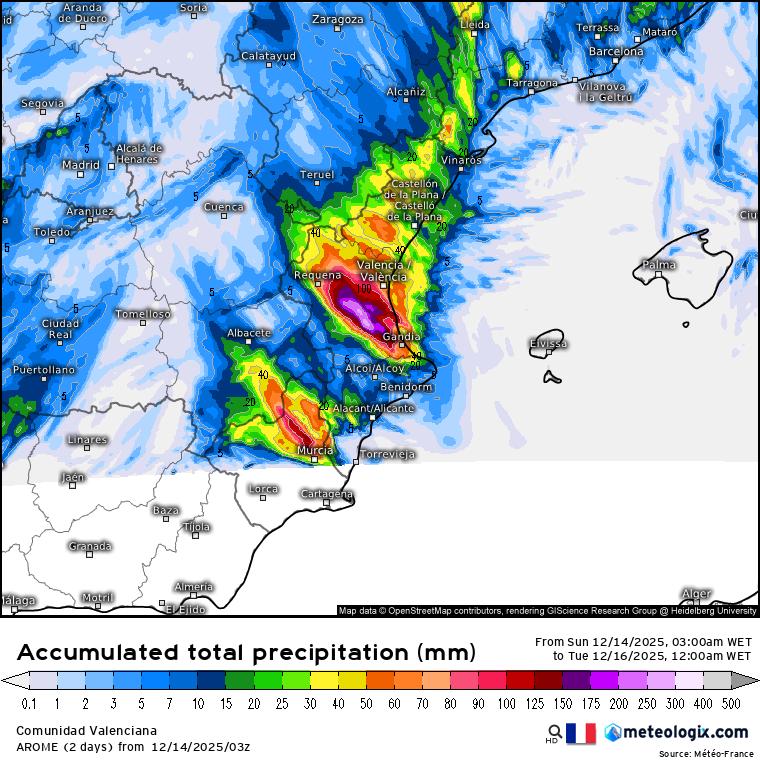 Tempestade Emilia pode causar inundações graves em Espanha e França, depois de afetar a Madeira - Valencia novamente na "mira" de uma DANA... 14-15 de dezembro de 2025 Tempestade Emilia - chuvas torrenciais previstas em Espanha - previsão AROME