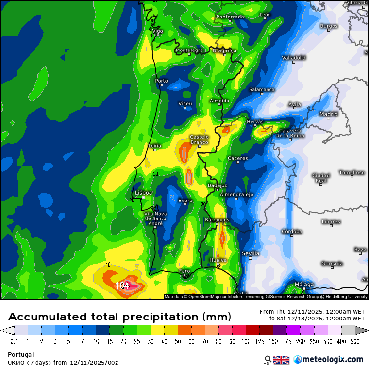 Previsão de acumulado total de precipitação - modelo UKMO
