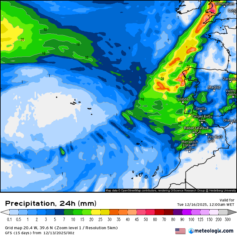 Precipitação total acumulada nesta segunda-feira - previsão NOAA GFS