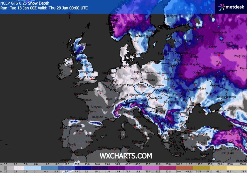 Boa parte da Europa com neve no solo! Previsão GFS perto do fim do mês...