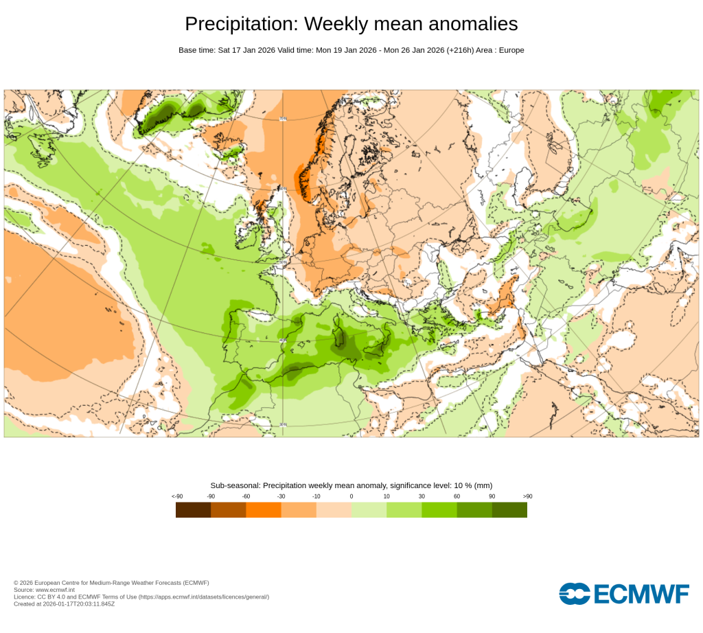 Temporais Atlânticos, anomalia térmica, e um forte nevão devem marcar o tempo esta semana, 19 a 25 de janeiro de 2026 - se está farto de frio e chuva, temos más notícias... Precipitação acima da média esta semana na Europa Ocidental\Sul