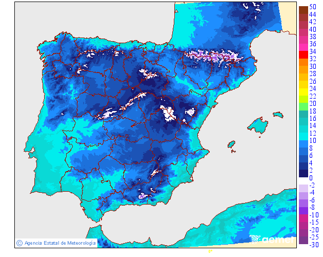 Temperaturas em Portugal no sábado - as máximas não chegam sequer aos 10ºC em todas as regiões a azul no mapa - localmente abaixo de 5ºC todo o dia mesmo em altitudes baixas