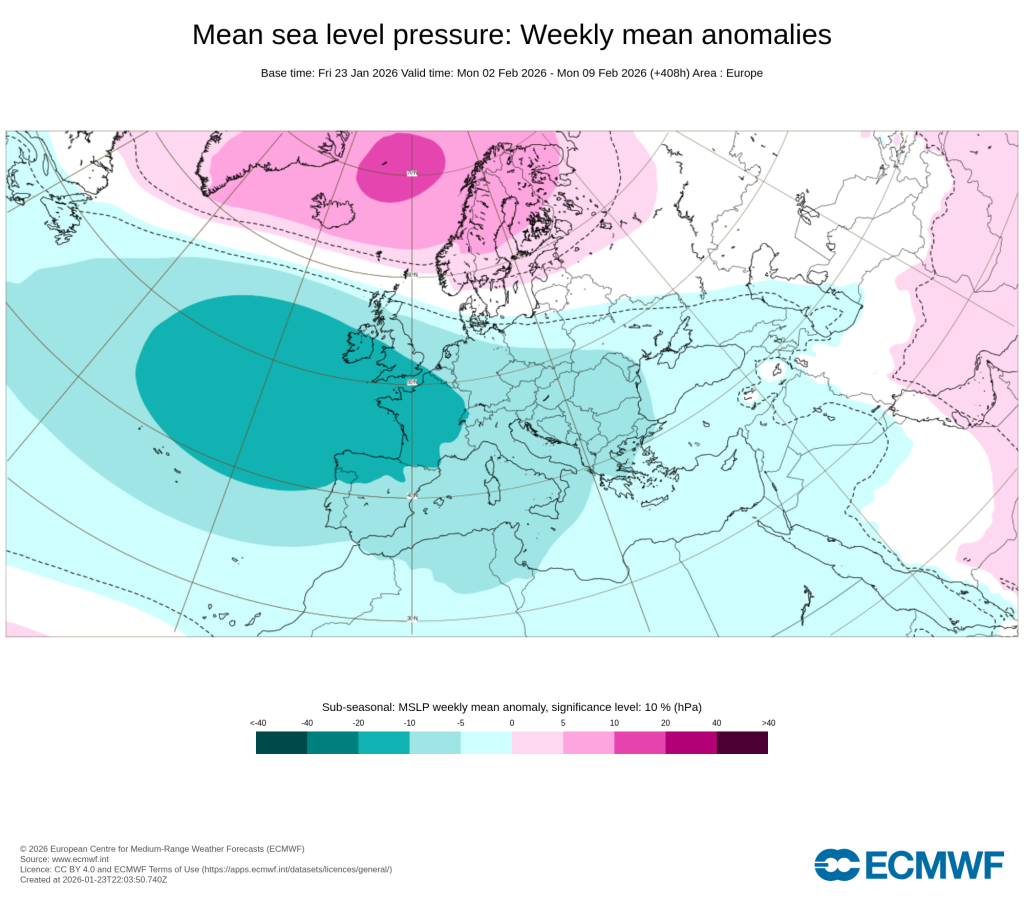 Olhando mais à frente, a segunda semana de fevereiro pode trazer ainda mais chuva, com a alta pressão completamente ausente (ou melhor, em latitudes elevadas...)