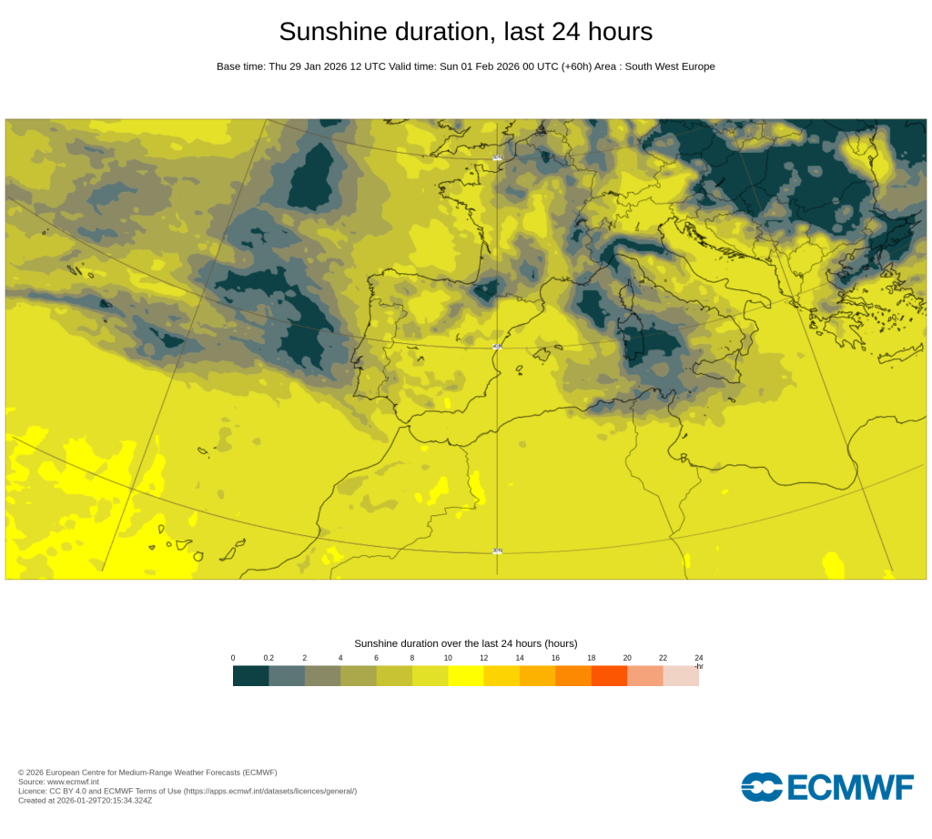 "Jetstream" muito intenso e afastamento do anticiclone continuam a provocar situações de mau tempo em Portugal - conheça a previsão do tempo no fim-de-semana, 31 de janeiro e 1 de fevereiro Número de horas de sol previstas - Um sábado com abertas de Norte a Sul, assim como nas Ilhas