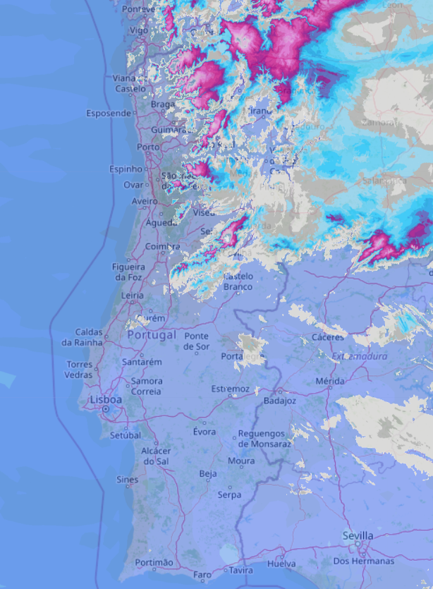 Acumulação de neve prevista pelo modelo WRF