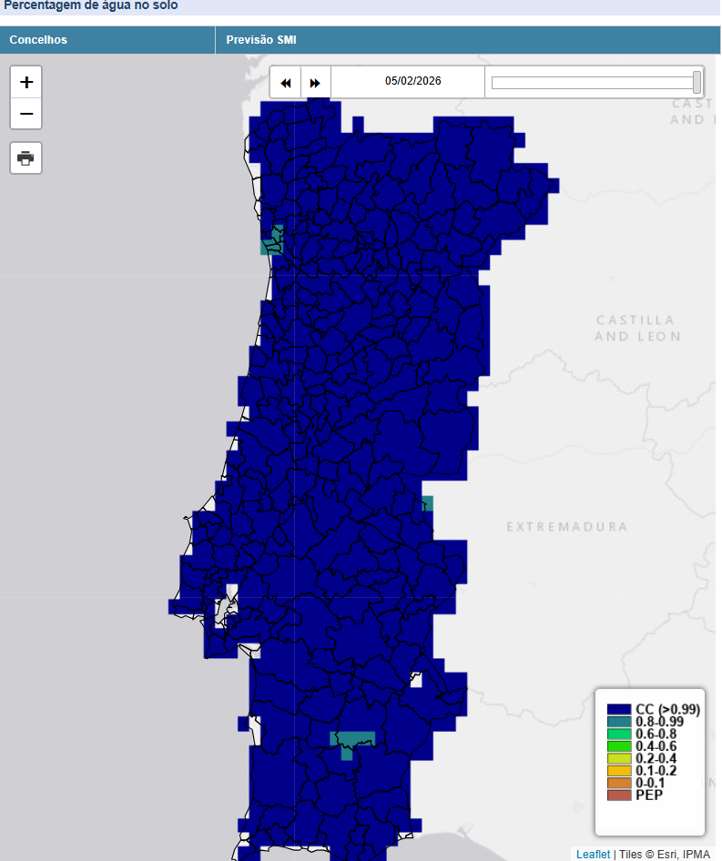 Percentagem de água no solo segundo o IPMA\ECMWF - saturação total em todo o território