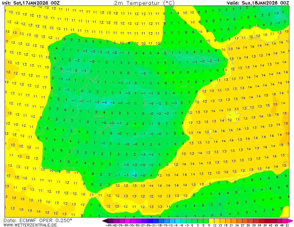 Vive no Interior Norte? Haverá neve a cotas baixas na madrugada de domingo! Vive no resto do território? O inverno ainda tem muito para dar! Temperaturas previstas no domingo, pelas 00H - ECMWF