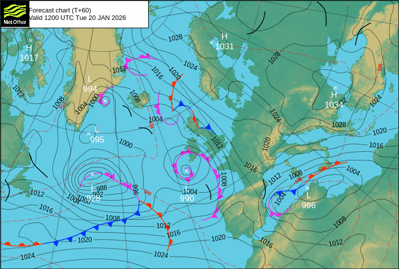 Harry, com 996hPA de pressão central, praticamente sobre o Nordeste da Tunísia na terça-feira pelas 12H (MetOffice)