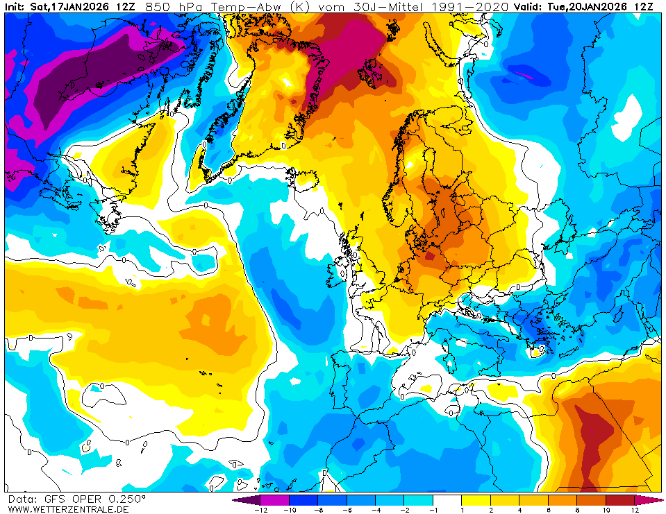 Tempestade no Mediterrâneo, com alta pressão a formar-se sobre a Escandinávia - saiba como estará o tempo em Portugal nos dias 19 e 20 de janeiro de 2026 As temperaturas em Portugal continuam um pouco abaixo da média para a época do ano