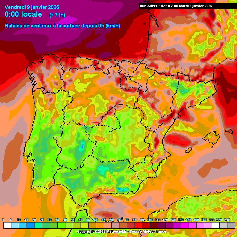 Evolução do vento previsto na quinta-feira - situação normal de inverno