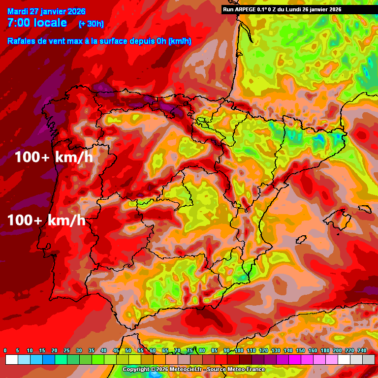 Depressão Chandra - Frente fria com ventos de 100km/h na noite desta segunda-feira, trovoadas e neve depois, e "sting-jet" na quarta-feira? Entenda o que significa, e a previsão atual Vento à passagem da frente fria - modelo ARPEGE - Meteo-France