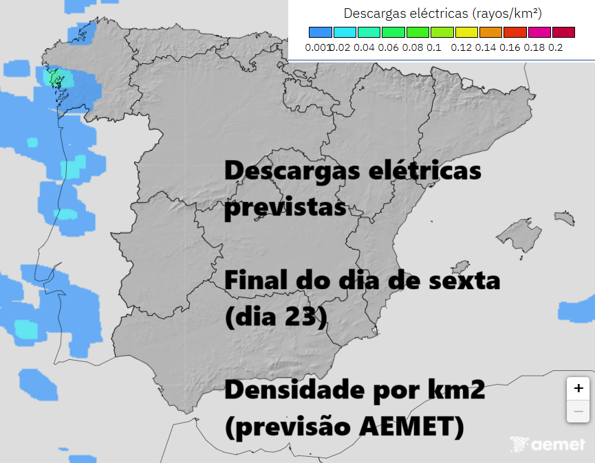 Trovoadas - densidade de raios previsto pelo modelo HARMONIE-AEMET ao final do dia de sexta