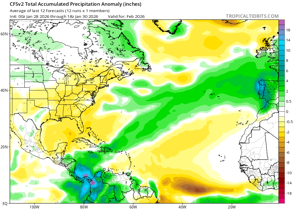 CFSv2, com previsão de muita precipitação no arquipélago dos Açores, e menos na Madeira - previsão extrema em Portugal Continental, com anomalia enorme, que esperamos que não se verifique...
