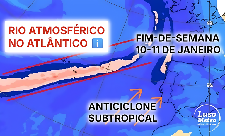Rio atmosférico no Atlântico, e uma crista anticiclónica sobre Portugal – tempo húmido, e chuva em algumas regiões – saiba a previsão do tempo no fim-de-semana, 10 e 11 de janeiro Rio atmosférico no Atlântico, e uma crista anticiclónica sobre Portugal - tempo húmido, e chuva em algumas regiões - saiba a previsão do tempo no fim-de-semana, 10 e 11 de janeiro