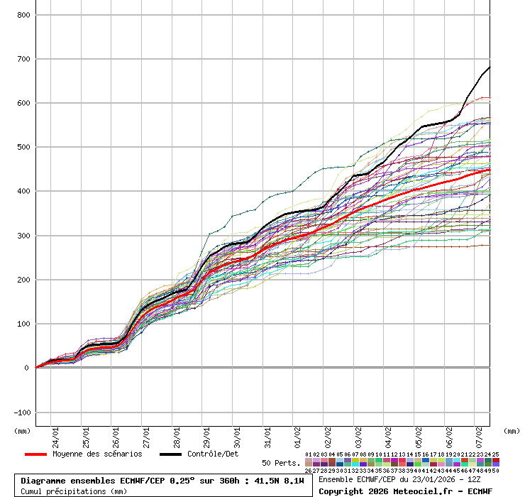 Ensemble ECMWF - Minho - a média de precipitação prevista até 7 de fevereiro a rondar os 450-500l\m2. Variabilidade de previsões entre 300 a 700l\m2