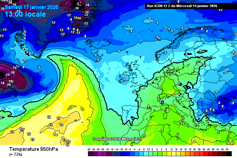 Depressão fria, de origem polar irá afetar Portugal - mais chuva, instabilidade e neve previstos - previsão do tempo na sexta e sábado, 16-17 de janeiro de 2026 Cerca de -1\-2ºC a 850hPA (1400\1500 metros de altitude) previstos - o que significa que os 0ºC se devem encontrar abaixo de 1200 metros