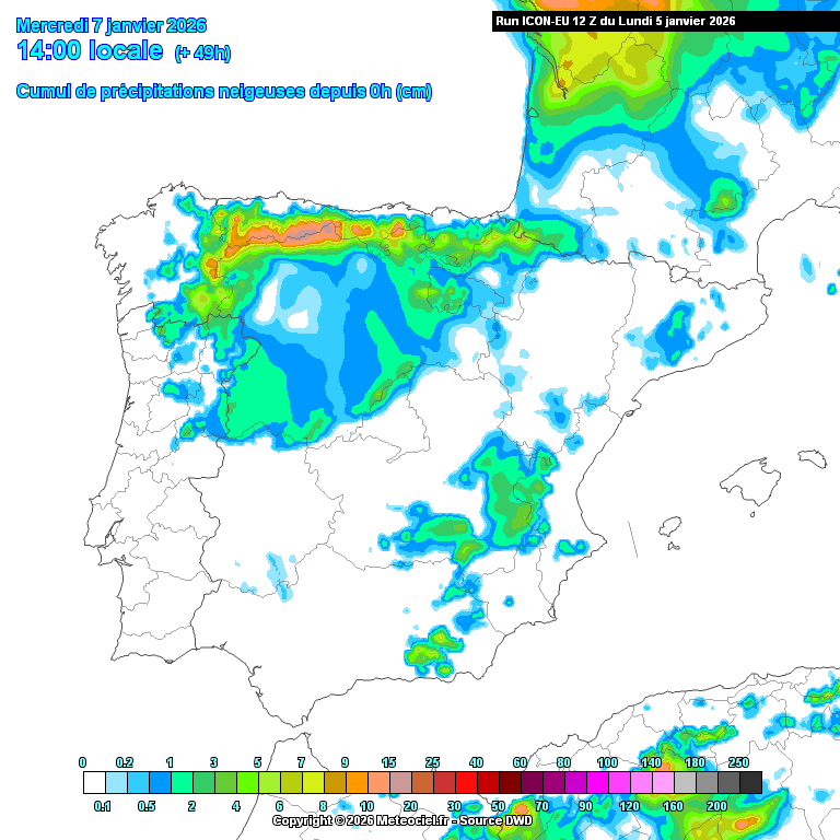 Neve prevista pelo modelo ICON-EU para quarta-feira