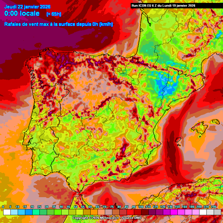 Depressão marca o tempo na quarta, 21 de janeiro em Portugal, mas as temperaturas sobem bastante - saiba as regiões onde vai haver mais chuva e vento - previsão meteorológica completa Vento máximo previsto na quarta-feira em Portugal - ICON-DWD