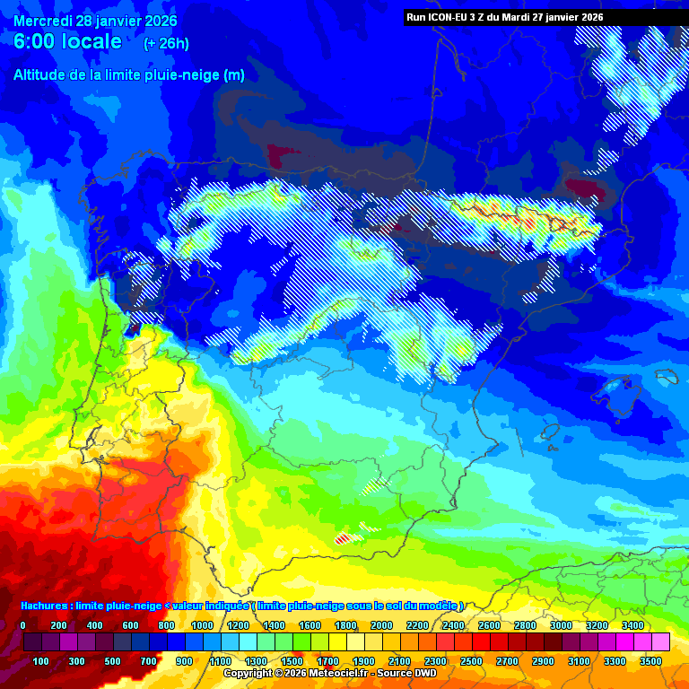Cota de neve prevista pelo modelo ICON ao início da manhã - ar mais quente a Sul, ar muito frio a Norte nesta quarta-feira - neve a 600 metros