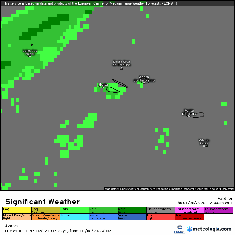Ciclogénese explosiva (Depressão Goretti?) afeta Europa Ocidental, e Portugal recebe mais chuva e vento - saiba a previsão do tempo na quinta, 8 de janeiro, e como estará na sua região! Precipitação prevista ao longo do dia nos Açores, segundo o modelo Europeu IFS