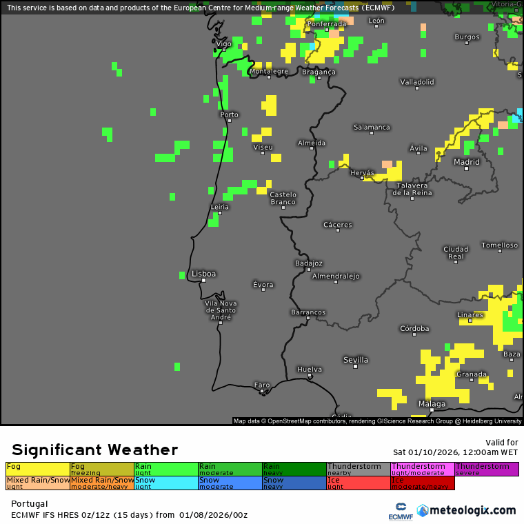 Rio atmosférico no Atlântico, e uma crista anticiclónica sobre Portugal - tempo húmido, e chuva em algumas regiões - saiba a previsão do tempo no fim-de-semana, 10 e 11 de janeiro Evolução da chuva em Portugal no domingo - a verde (chuva) e nevoeiro (amarelo)